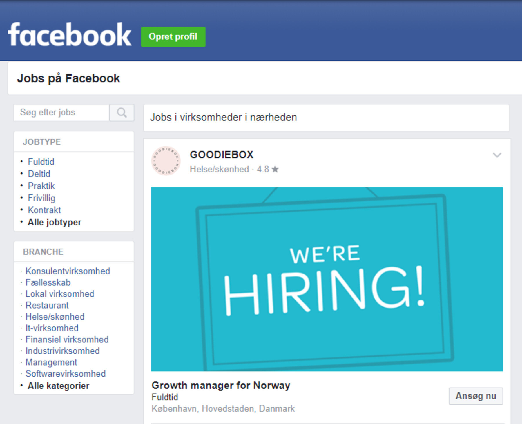 Annonce på Facebook for job